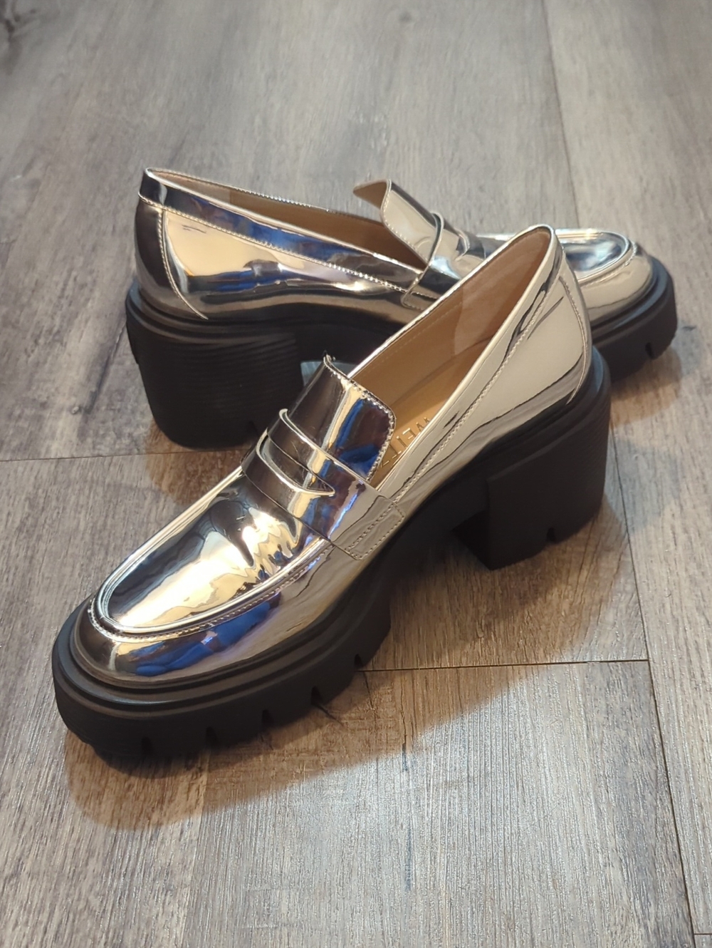 Stuart Weitzman Metallic Silver Patent Chunky Loafers NWOT - Picture 4 of 8